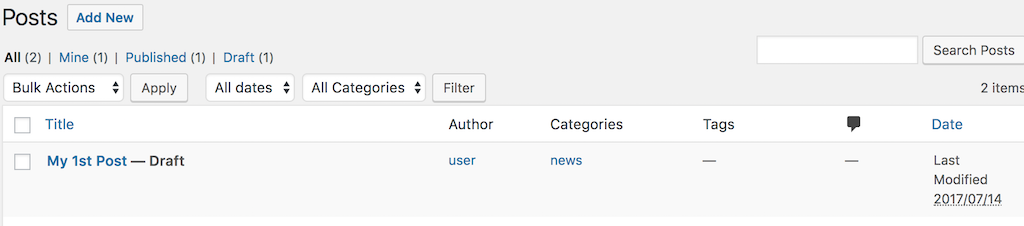 Image showing WordPress Post list with new category assigned